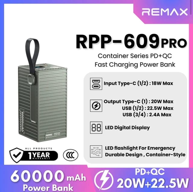 REMAX RPP-609 PRO Container Series 60000mAh Power Bank - PD + QC 22.5W Fast Charging_img_5