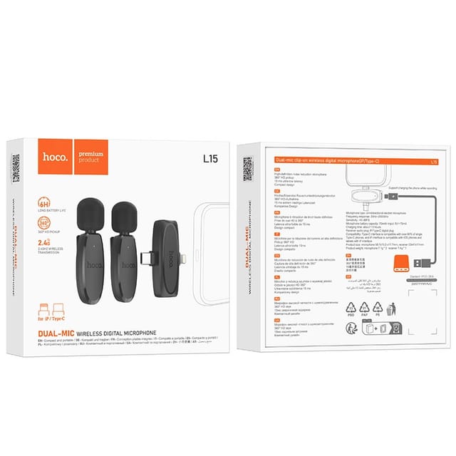 Hoco L15 Dual Mic Wireless Lavalier Microphone – Type-C & Lightning 2-in-1 for iPhone, Android & Tablets_img_5