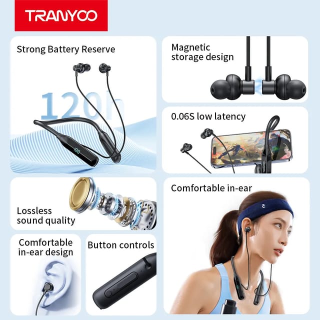 Tranyoo T‑M28 Bluetooth 5.3 Neckband Earphones – 120H Playback, IPX5 Sports, Low Latency_img_6